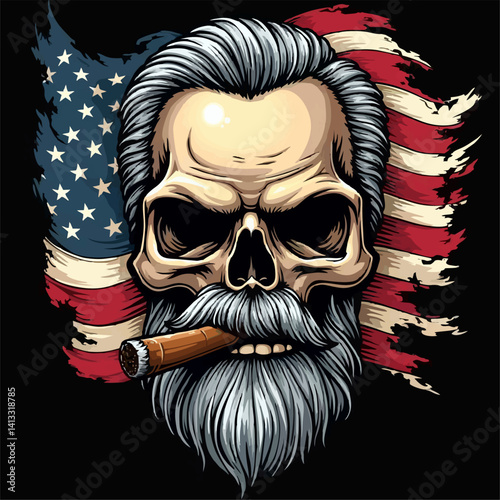 Biker vector t-shirt design with smoke human skull
with Cuban cigar, white-haired beard on 
usa flag background.
Fashionable print for fabric, men clothing,
hoodie, jacket, american t shirt.