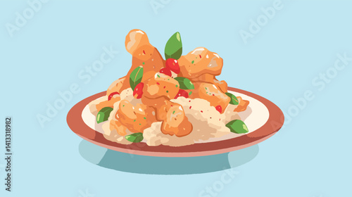 Asian-inspired crispy orange chicken with rice and vegetables on plate flat vector illustration
