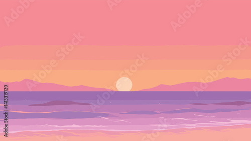Tranquil sunset over ocean with pastel sky and gentle waves flat vector illustration