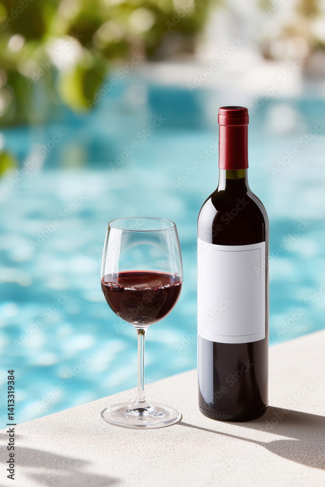 A bottle of red wine with a blank mock-up label and glass served by the pool