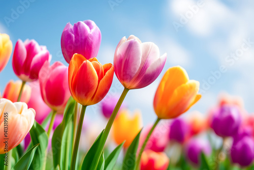 Obraz na płótnie Bright spring tulips in the background of vibrant blue sky w salonie