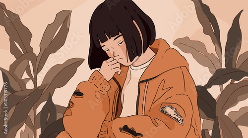 Young asian female in orange jacket amid plants flat vector illustration