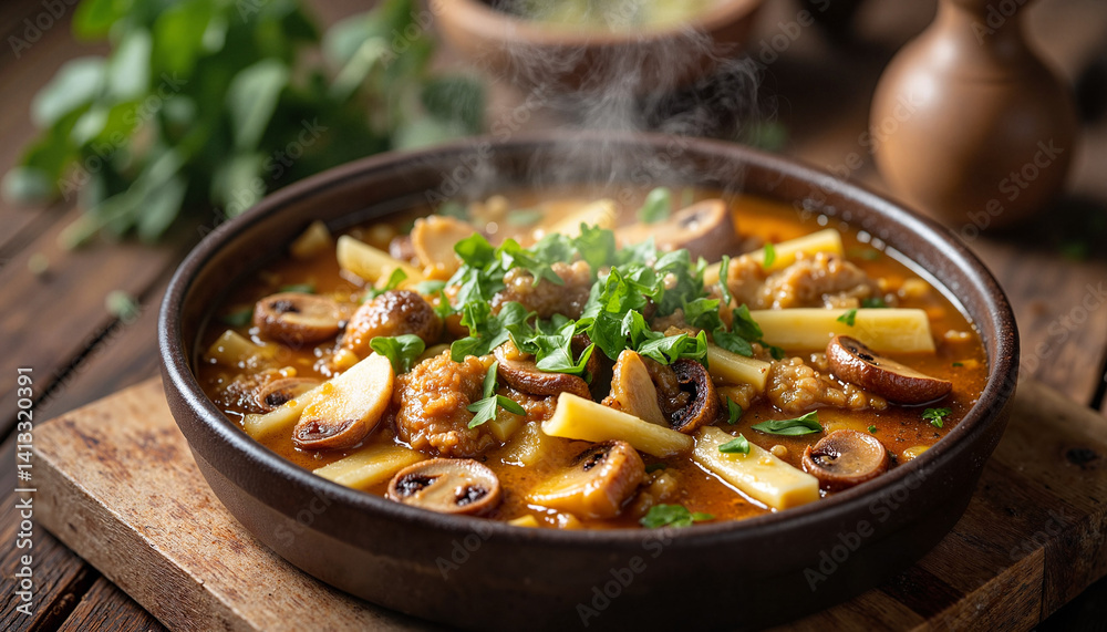 Delicious Tom Kha soup steaming in wooden bowl, culinary warmth Delicious Tom Kha soup steaming in wooden bowl, culinary warmth