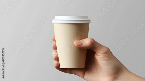 Obraz na płótnie Male hand holding paper coffee cup on grey background. Mockup. w salonie