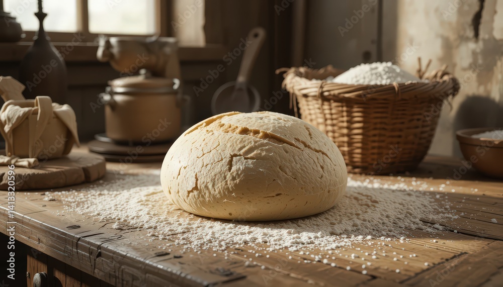Freshly Prepared Dough Resting on a Rustic Wooden Table in a Cozy Kitchen Setting Freshly Prepared Dough Resting on a Rustic Wooden Table in a Cozy Kitchen Setting