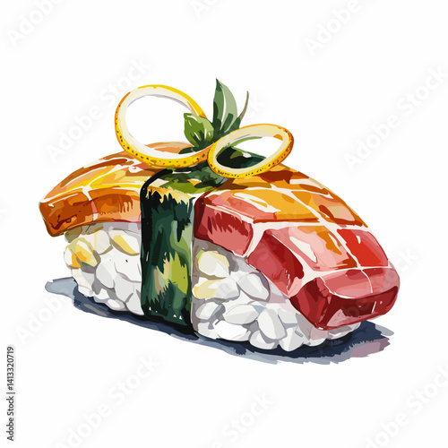 Watercolor Sushi Nigiri with Yuzu Ribbon Garnish
