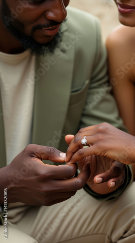 man placing a diamond ring on a woman's finger