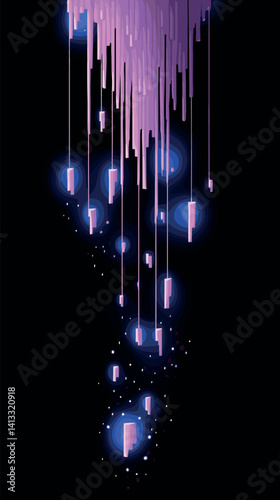 Abstract purple stalactites dripping with glowing blue orbs on black background flat vector illustration