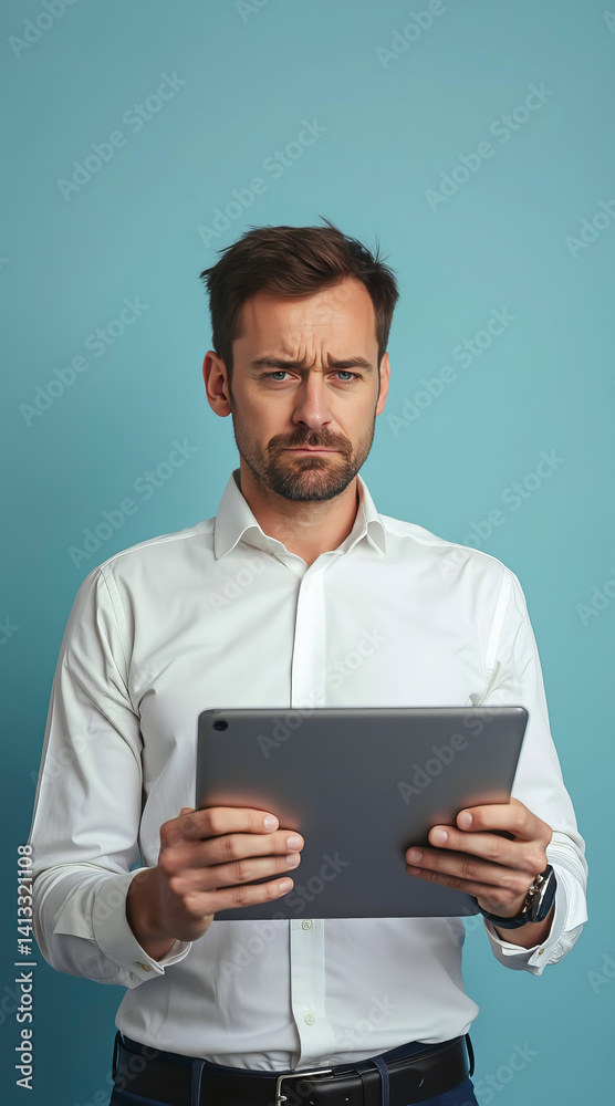 pensive man in a white shirt holds a digital tablet looking at the screen with a thoughtful expression pensive man in a white shirt holds a digital tablet looking at the screen with a thoughtful expression