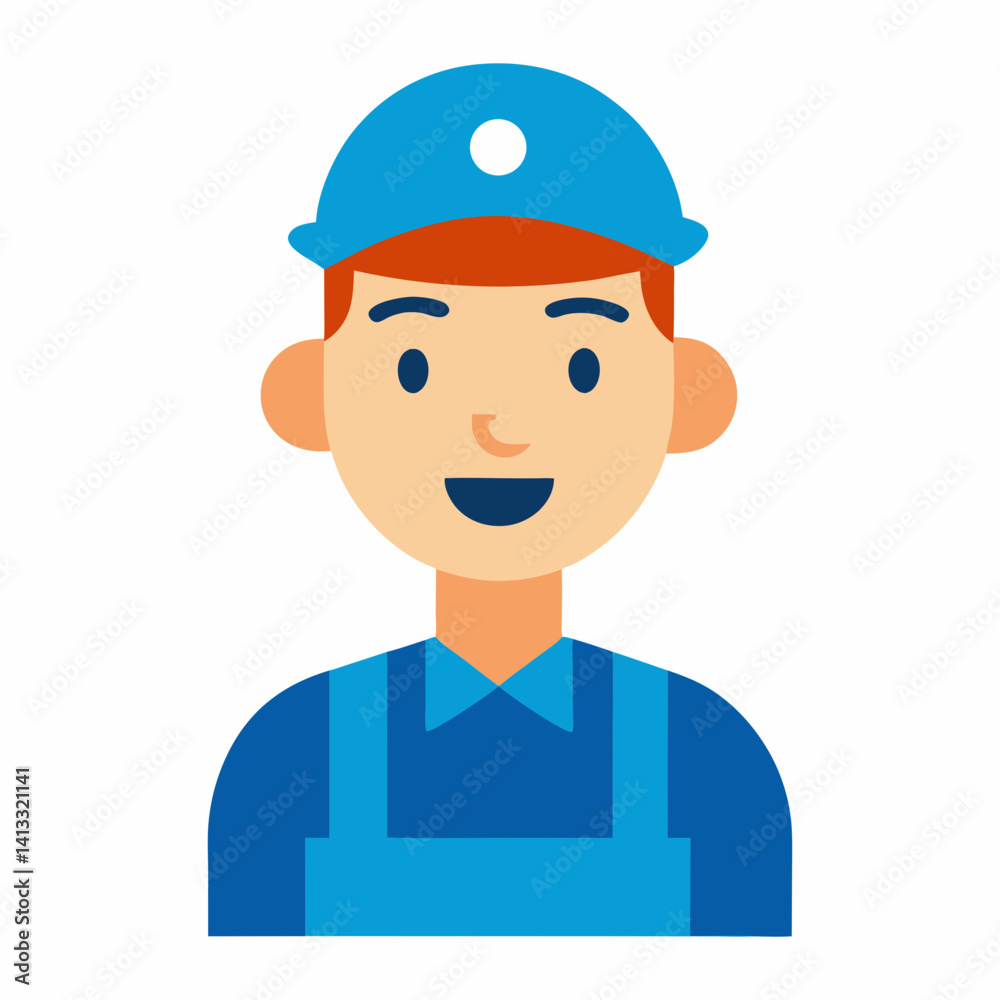 Vector illustration of smiling construction worker in blue hard hat and overalls Vector illustration of smiling construction worker in blue hard hat and overalls