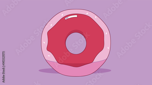 Pink donut with red icing on purple background flat vector illustration