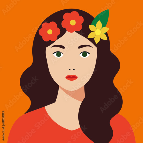 Flat vector portrait of woman with flowers in hair on orange background