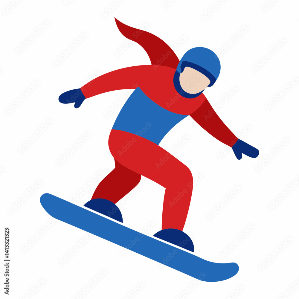 Obraz premium Snowboarder in red and blue suit riding on the blue snowboard vector illustration