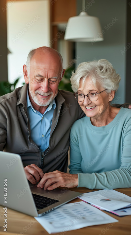 smiling senior couple using laptop together at home smiling senior couple using laptop together at home