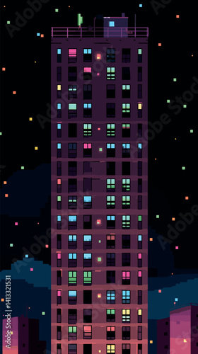 Colorful night cityscape with tall building and starry sky flat vector illustration
