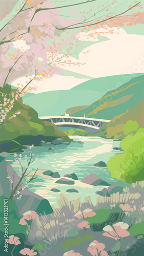 Serene spring river landscape with blossoming trees and bridge in idyllic valley flat vector illustration