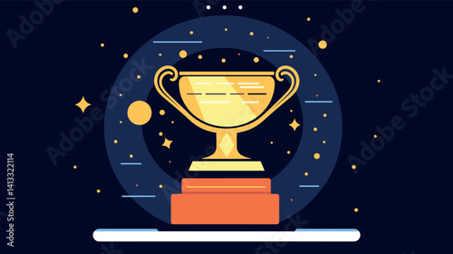Golden trophy on pedestal with cosmic elements in the background flat vector illustration