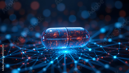 A digital representation of a pill on a network background symbolizes ai-driven precision medicine.