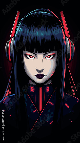Cyberpunk asian female character with red eyes and headphones in futuristic style flat vector illustration