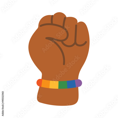 Vector hand with rainbow bracelet in flat design. LGBTQ pride concept. Swarthy fist gesture symbolizing unity and support for LGBT rights. Dark skin.