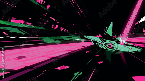 Neon spaceship racing through futuristic cityscape at high speed flat vector illustration