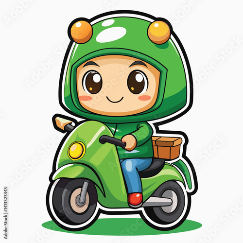 Cute cartoon character riding a green scooter with a package