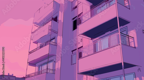 Pink sunset apartment building with balconies and clear sky flat vector illustration