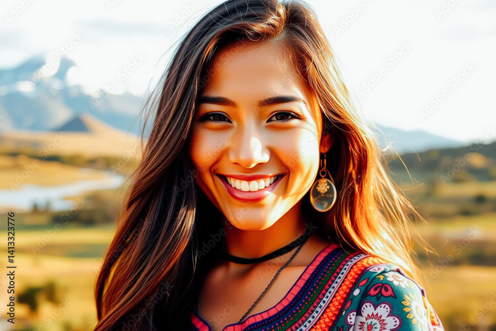 Smiling Woman Outdoors in a Vibrant Dress