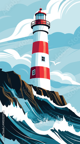 Red and white lighthouse on rocky coast with crashing waves under cloudy sky flat vector illustration