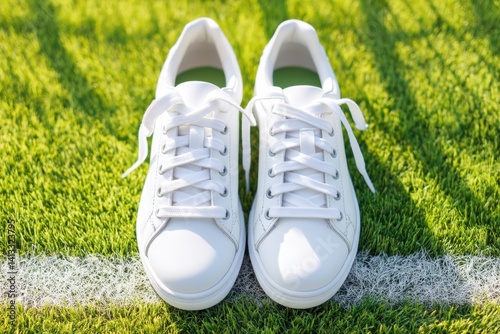 White tennis shoes standing on the baseline of a green tennis court