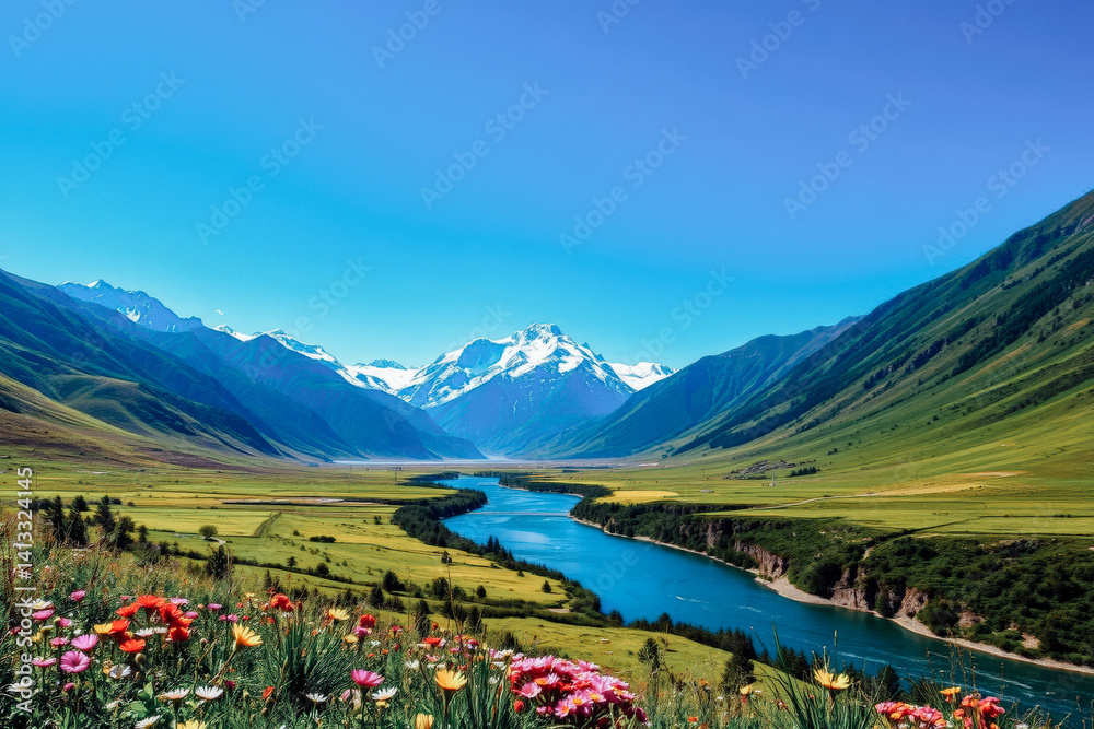 Alpine River Valley with Snow-capped Peaks