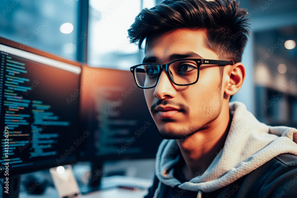Focused Programmer Studying Code on Computer