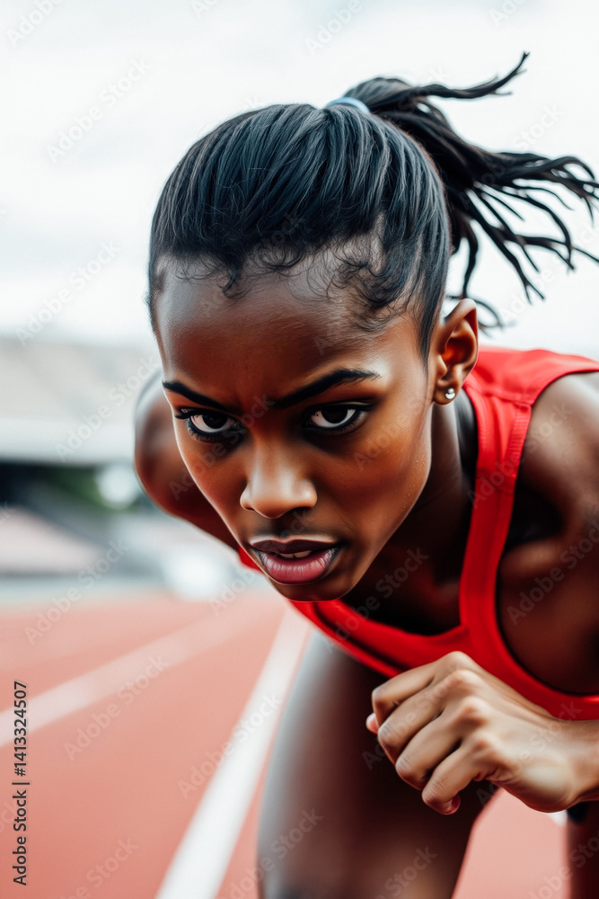 Focused Female Athlete at Starting Line