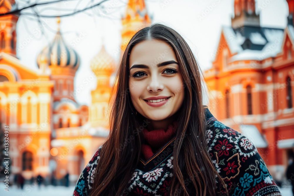 Smiling Woman in Winter in front of Red Square Churches
