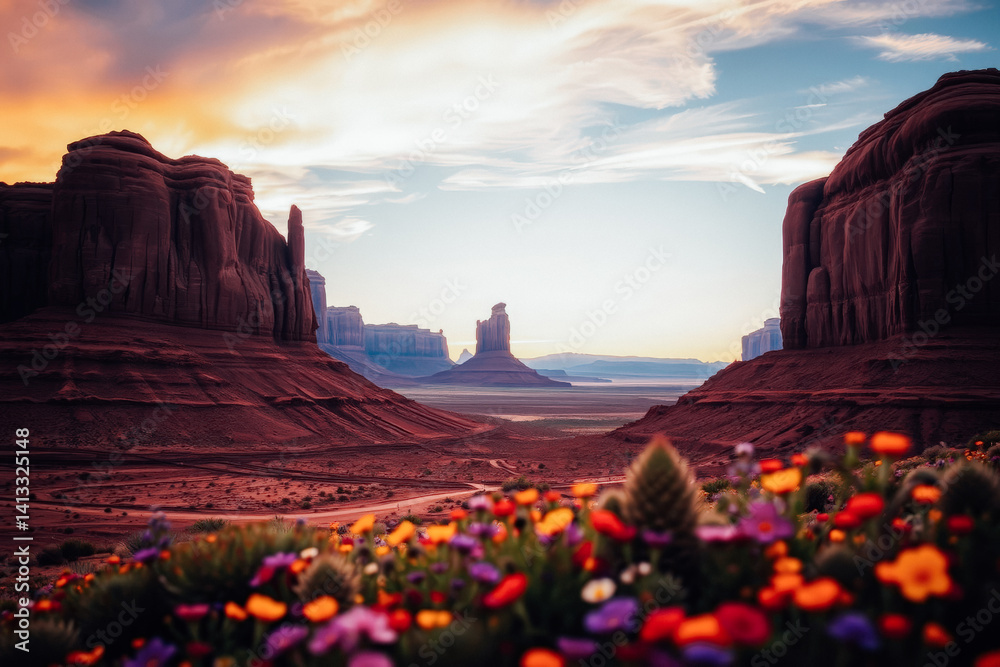 Desert Sunrise with Colorful Flowers