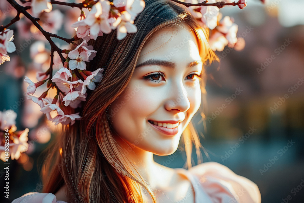 Smiling Woman in Cherry Blossom Garden