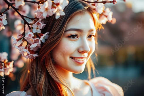 Obraz na płótnie Smiling Woman in Cherry Blossom Garden w salonie