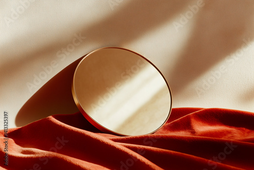 Vintage handheld mirror reflecting a soft golden glow, with a red velvet cloth draped beside it. photo