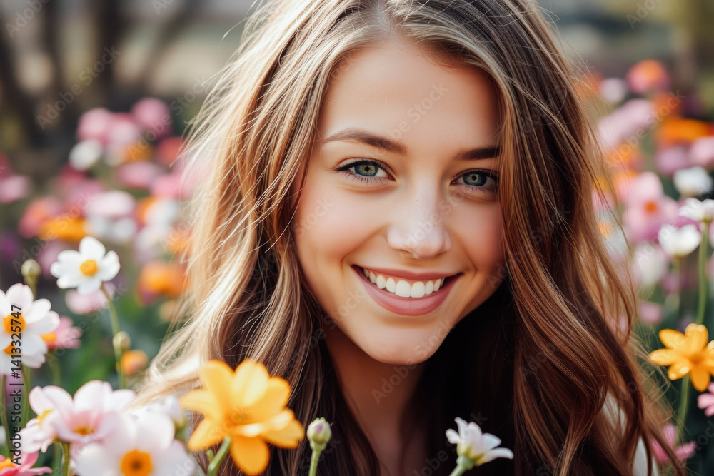 Smiling Teenage Girl Amongst Colorful Flowers