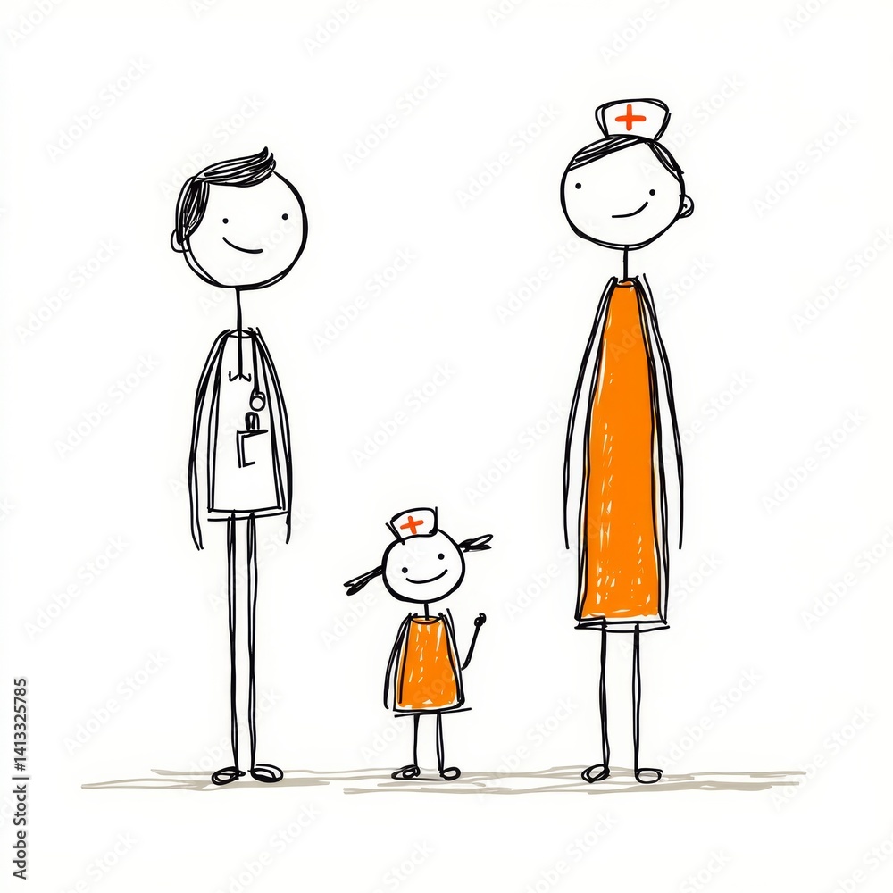 A simple, friendly illustration of a doctor, a nurse, and a happy child, embodying care and health. A simple, friendly illustration of a doctor, a nurse, and a happy child, embodying care and health.