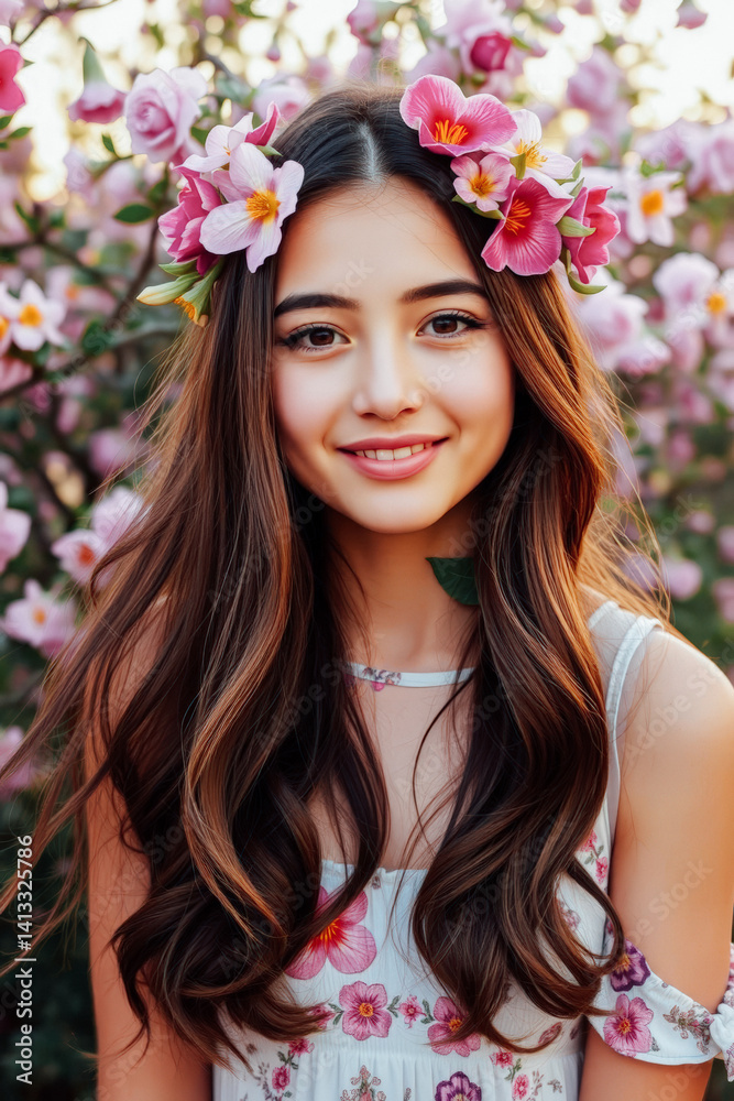 Smiling Teen Girl with Flower Crown in Blossom Garden