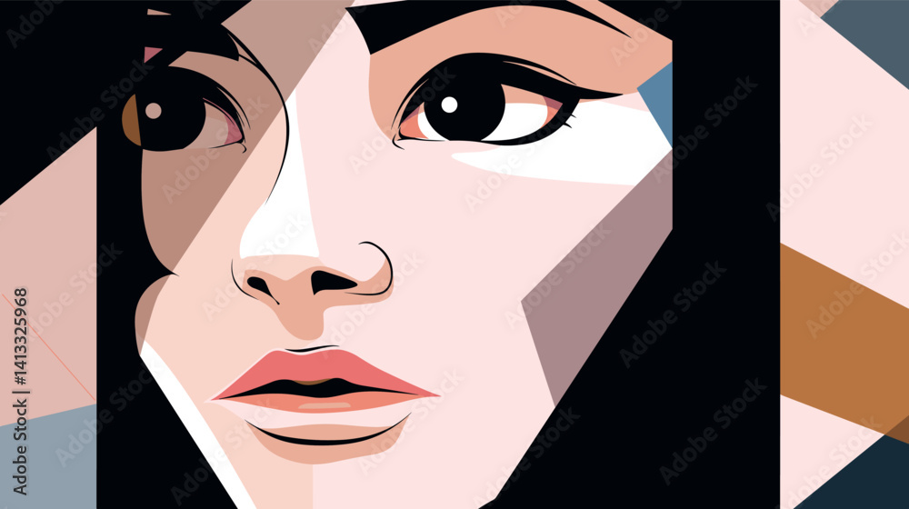 Geometric abstract portrait of asian female face in modern art style flat vector illustration