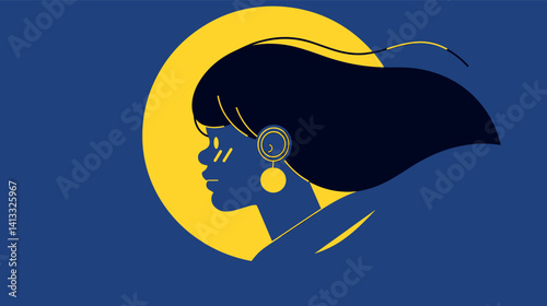 Silhouette of young female with long hair in blue and yellow abstract design flat vector illustration