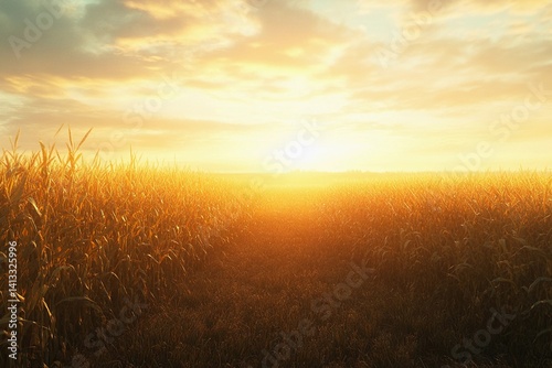 Cornfield stretching into the horizon at sunset, bathed in golden light with a serene, vast landscape