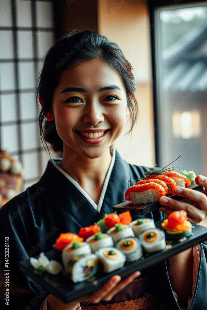 Sushi Server in Traditional Kimono
