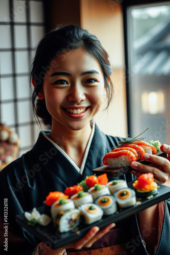 Obraz na płótnie Sushi Server in Traditional Kimono w salonie