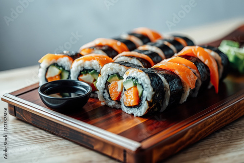 Obraz na płótnie Assortment of Delicious Sushi Rolls with Soy Sauce w salonie