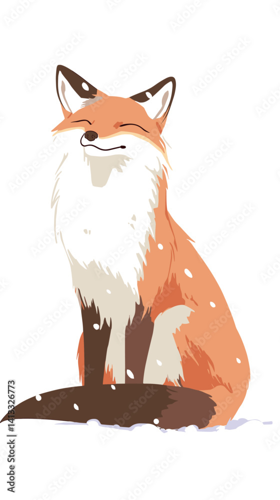 Fototapeta premium Smiling fox in snowfall - cute animal in minimalist art design flat vector illustration