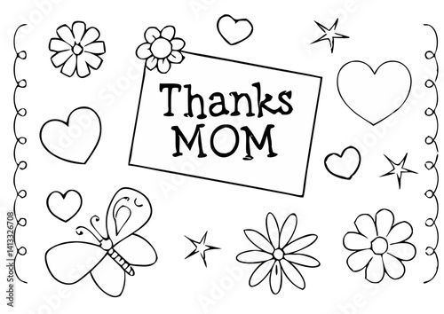 Printable Mother's Day Coloring Page Thanks Mom with Flowers, Hearts, and Butterfly