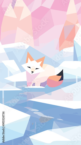 Geometric arctic fox in abstract icy landscape with pastel colors flat vector illustration